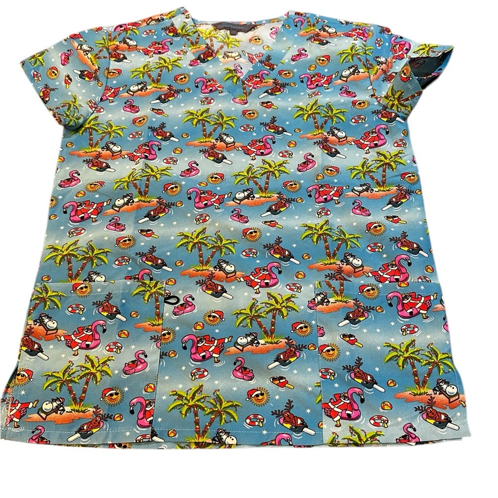Flamingo Christmas Scrub‎ Top Uniform Size XS NWT